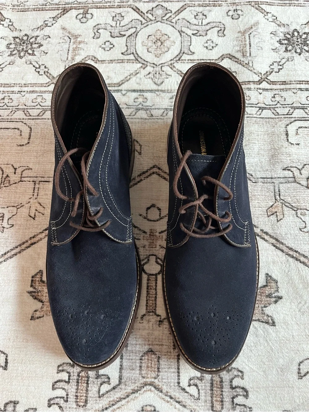 Johnston & Murphy Navy Suede Chukka Boots with Brown Laces